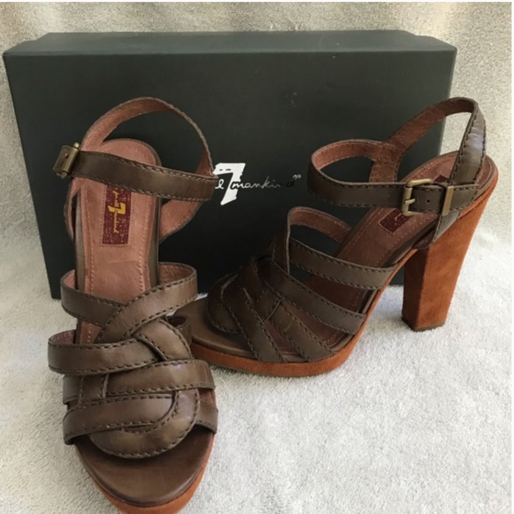 7 For All Mankind Brown Leather Strappy Platform Heels